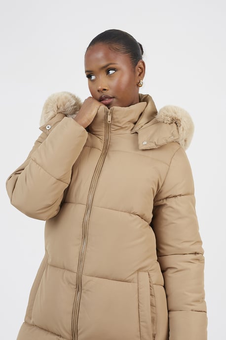 Tan Maxi Hooded Padded Jacket With Detachable Faux Fur Trim - Image 4