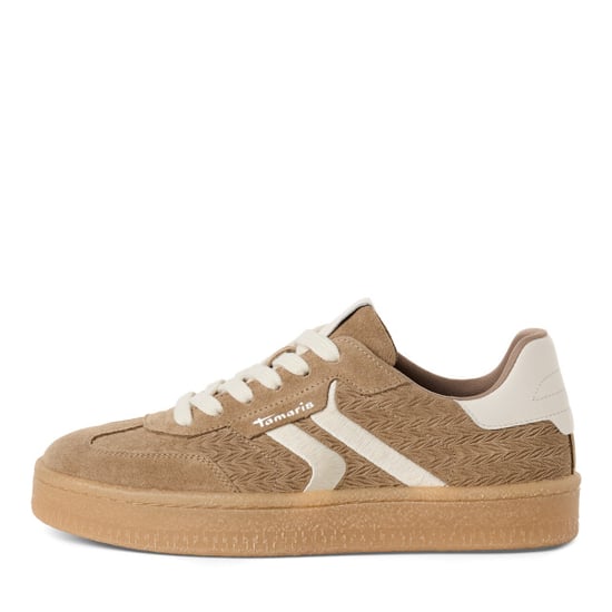 Tamaris Women's Taupe Leather White Stripes Trainers Sneaker Shoes - Image 1