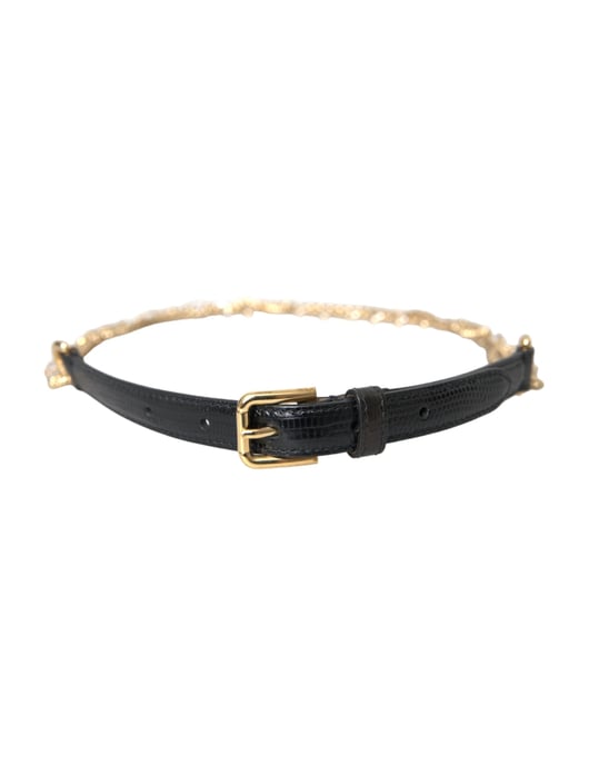 Dolce & Gabbana Black Leather Gold Chain Crystal Waist Women Belt - Image 1