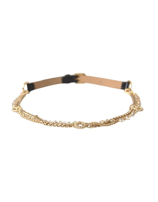 Dolce & Gabbana Black Leather Gold Chain Crystal Waist Women Belt - Image 2