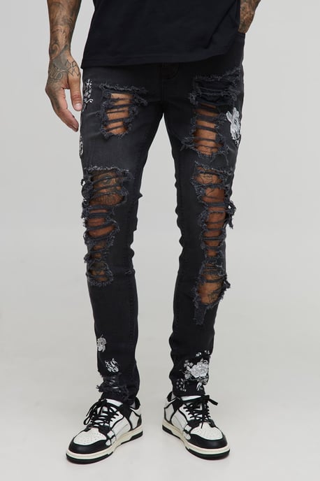 Tall Floral Embroidered Ripped Skinny Jeans - Image 1