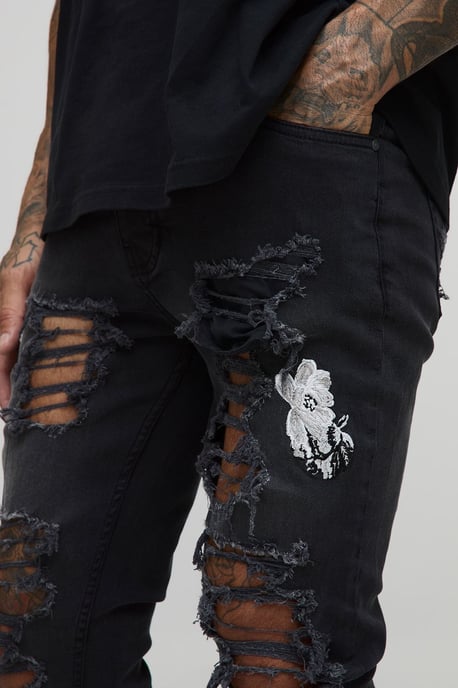 Tall Floral Embroidered Ripped Skinny Jeans - Image 3