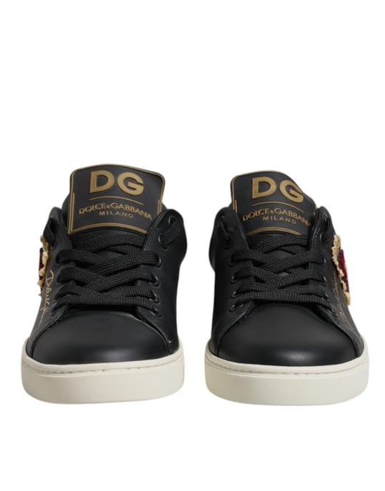 Dolce & Gabbana Zwarte Leren Gouden Rode Hart Sneakers Schoenen - Image 2