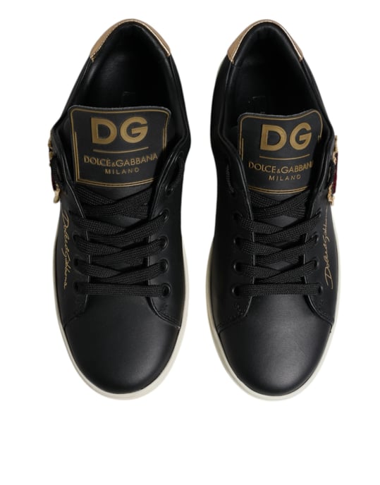 Dolce & Gabbana Zwarte Leren Gouden Rode Hart Sneakers Schoenen - Image 3