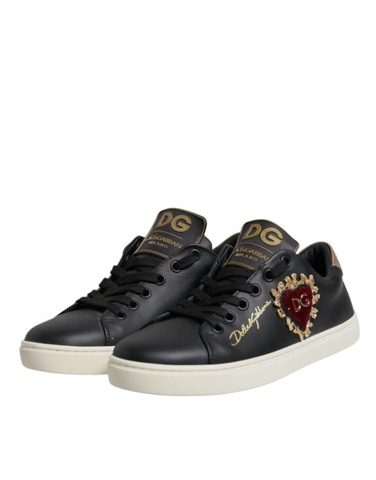 Dolce & Gabbana Zwarte Leren Gouden Rode Hart Sneakers Schoenen - Image 4