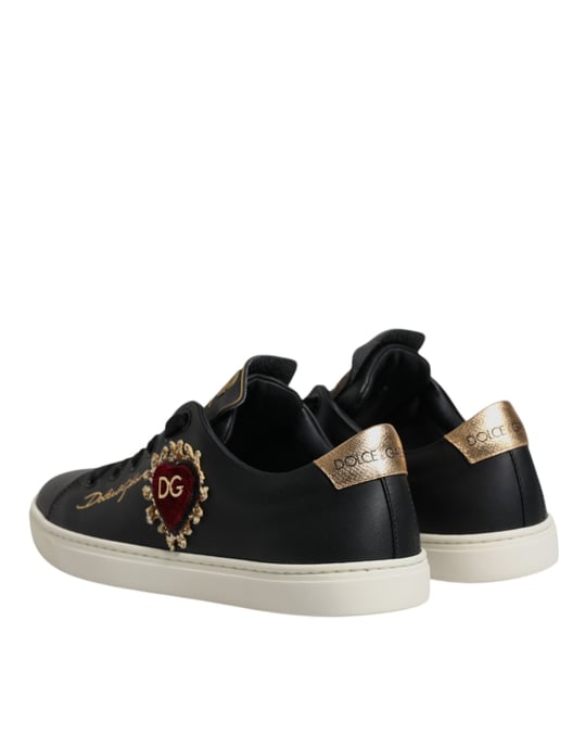 Dolce & Gabbana Zwarte Leren Gouden Rode Hart Sneakers Schoenen - Image 5