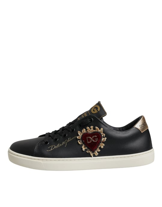 Dolce & Gabbana Zwarte Leren Gouden Rode Hart Sneakers Schoenen - Image 6