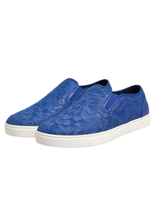Dolce & Gabbana Blå Läder Spets Slip-On Sneakers - Image 4