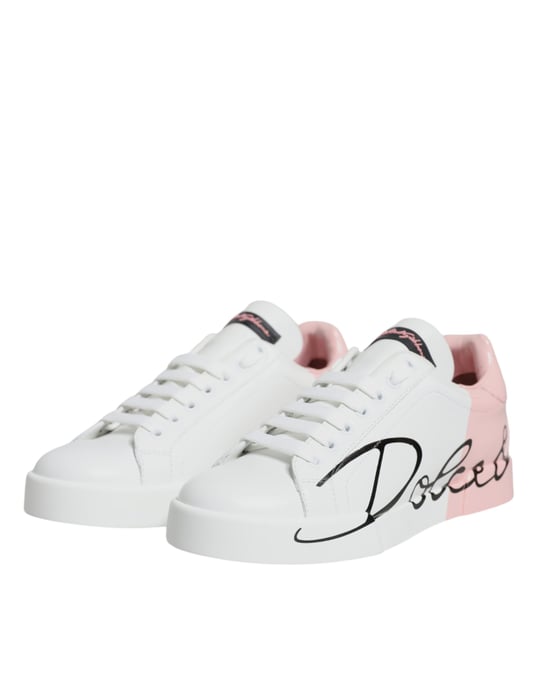 Dolce & Gabbana White Pink Portofino Low Top Sneakers Shoes - Image 4