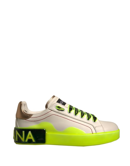 Dolce & Gabbana White Yellow Portofino Leather Sneakers Shoes - Image 1