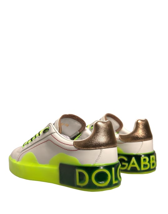 Dolce & Gabbana White Yellow Portofino Leather Sneakers Shoes - Image 4