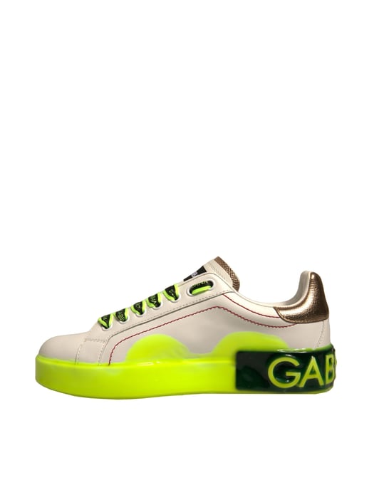 Dolce & Gabbana White Yellow Portofino Leather Sneakers Shoes - Image 5