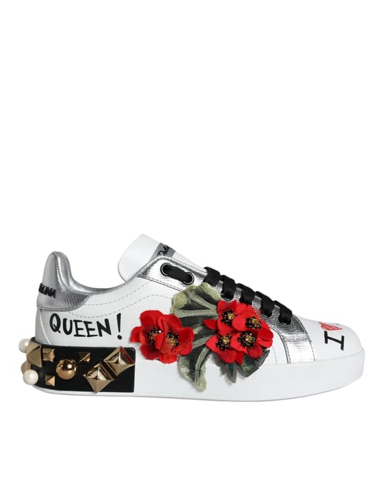 Dolce & Gabbana Witte Leren Bloemige Studded Sneakerschoenen - Image 1