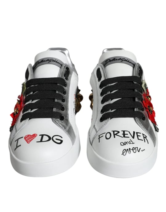 Dolce & Gabbana Witte Leren Bloemige Studded Sneakerschoenen - Image 2