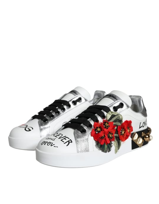 Dolce & Gabbana Witte Leren Bloemige Studded Sneakerschoenen - Image 3