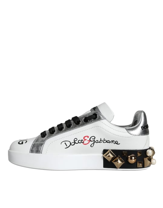 Dolce & Gabbana Witte Leren Bloemige Studded Sneakerschoenen - Image 4