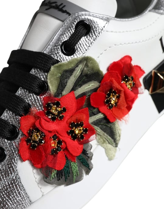 Dolce & Gabbana Witte Leren Bloemige Studded Sneakerschoenen - Image 5
