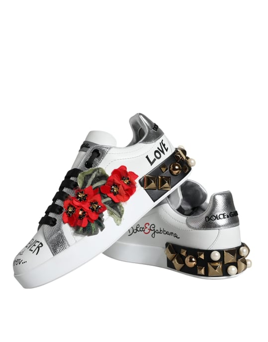 Dolce & Gabbana Witte Leren Bloemige Studded Sneakerschoenen - Image 6