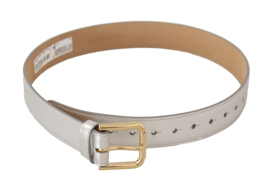 Dolce & Gabbana Silver Läder Guldfärgad Logo Metallspänne Bälte - Image 1