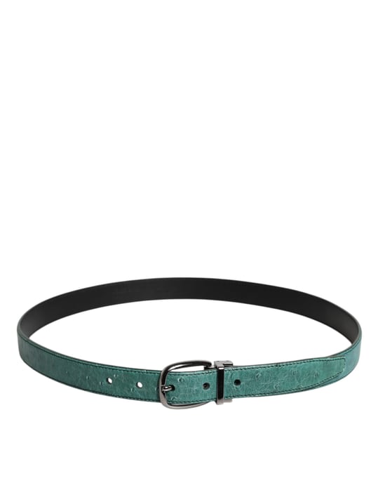 Dolce & Gabbana Green Ostrich Leather Silver Metal Buckle Belt - Image 3