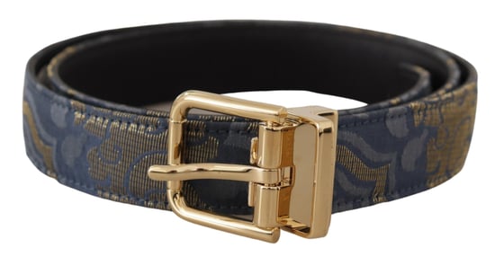 Dolce & Gabbana Navy Blue Jacquard Gold Tone Logo Metal Buckle Belt - Image 1