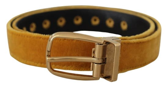 Dolce & Gabbana Senap Vellut Guld Logo Graverad Metal Spänne Bälte - Image 1