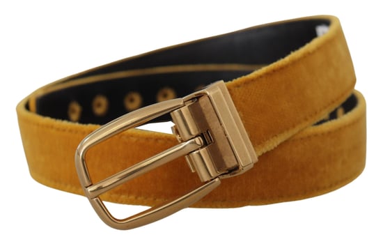 Dolce & Gabbana Senap Vellut Guld Logo Graverad Metal Spänne Bälte - Image 2