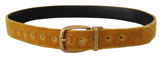 Dolce & Gabbana Senap Vellut Guld Logo Graverad Metal Spänne Bälte - Image 3