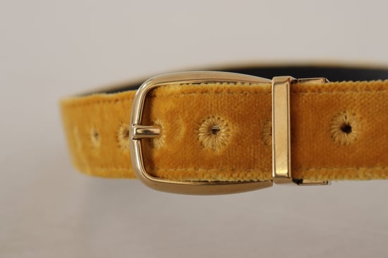 Dolce & Gabbana Senap Vellut Guld Logo Graverad Metal Spänne Bälte - Image 4
