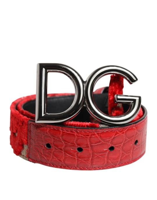 Dolce & Gabbana Red Viscose Silver DG Logo Metal Buckle Belt - Image 2