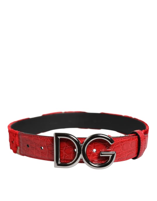 Dolce & Gabbana Red Viscose Silver DG Logo Metal Buckle Belt - Image 3