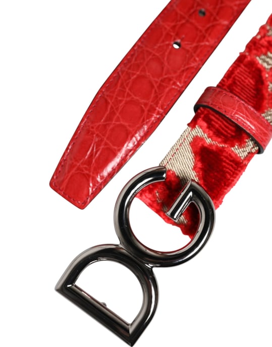 Dolce & Gabbana Red Viscose Silver DG Logo Metal Buckle Belt - Image 6