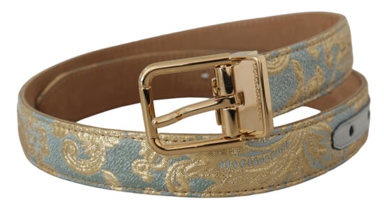 Dolce & Gabbana Blå Läder Jacquard Prägla Guldmetall Spänne Bälte - Image 2