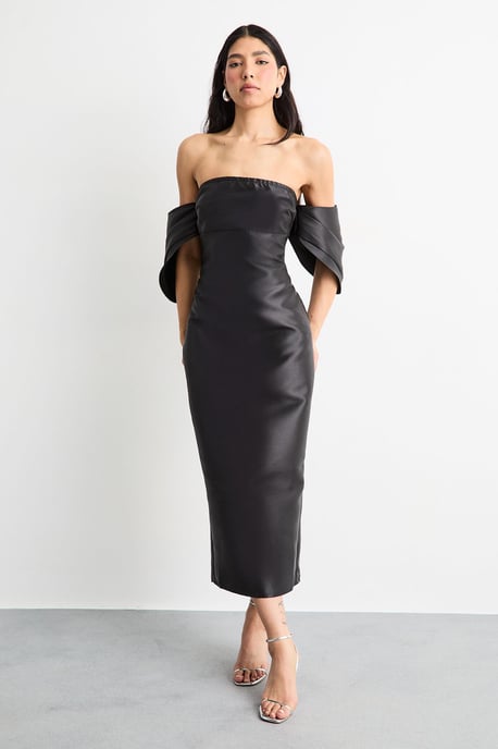Structured Puff Sleeve Bardot Midi Dress - Image 1