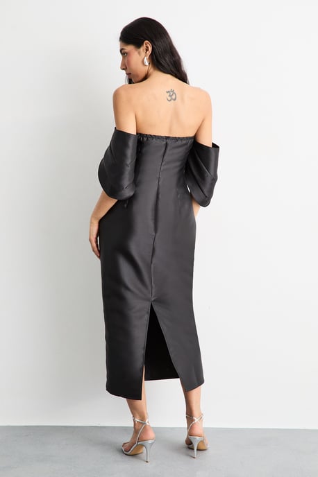 Structured Puff Sleeve Bardot Midi Dress - Image 3