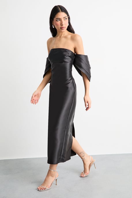 Structured Puff Sleeve Bardot Midi Dress - Image 4