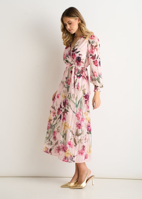 Pink Floral Print Sparkle Chiffon Wrap Midi Dress - Image 3