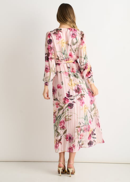 Pink Floral Print Sparkle Chiffon Wrap Midi Dress - Image 4
