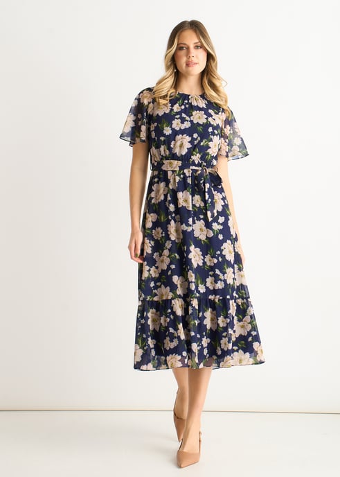 Marineblauwe midi-jurk met bloemenprint en uitlopende rok - Image 1