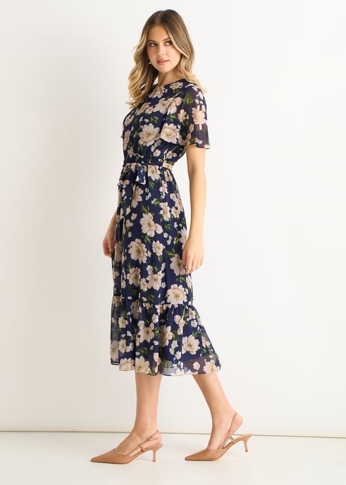 Marinblå midiklänning med blommönster och utställd kjol - Image 3