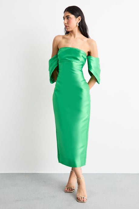 Structured Puff Sleeve Bardot Midi Dress - Image 1