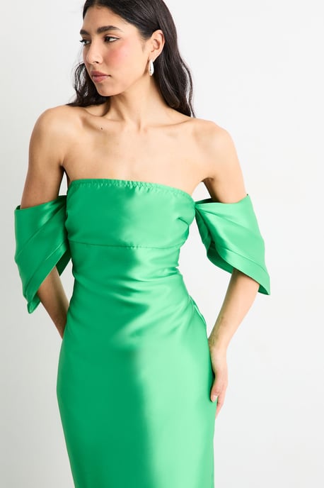 Structured Puff Sleeve Bardot Midi Dress - Image 2