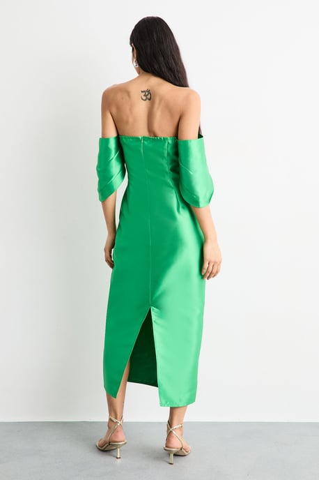 Structured Puff Sleeve Bardot Midi Dress - Image 3