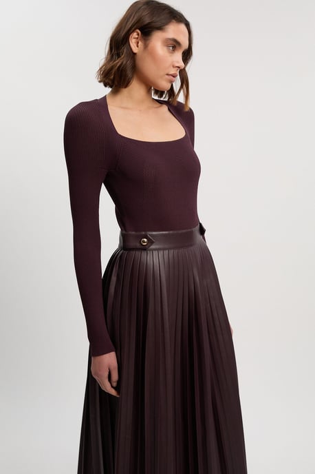 Viscose Rib Pu Mix Tab Detail Pleated Knit Midi Dress - Image 2