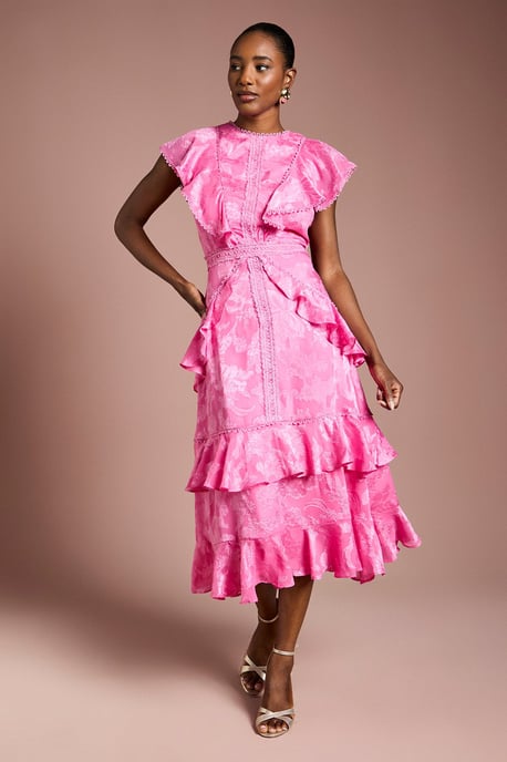 Satin Jacquard Ruffle Detail Midi Dress - Image 1