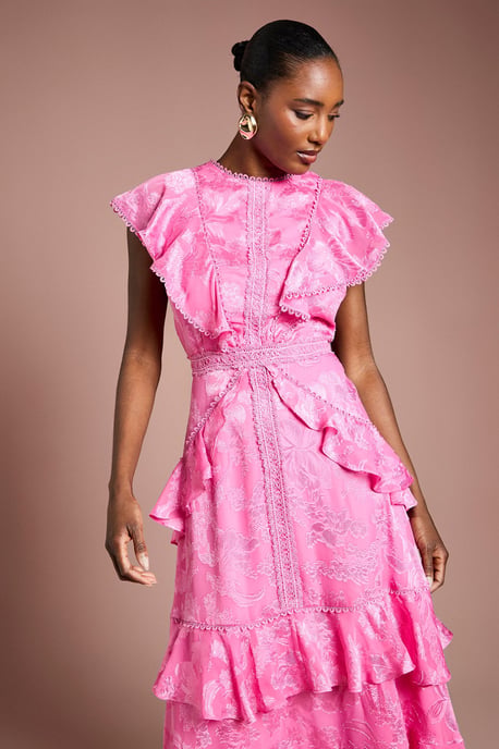 Satin Jacquard Ruffle Detail Midi Dress - Image 2