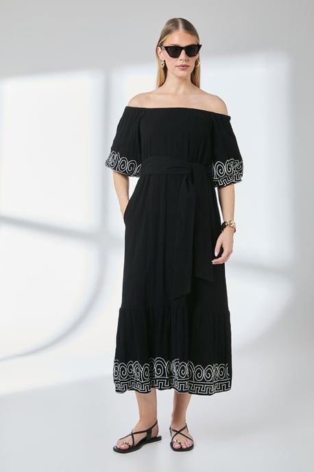 Crinkle Viscose Bardot Bubble Hem Midaxi Dress - Image 1