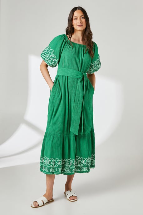 Crinkle Viscose Bardot Bubble Hem Midaxi Dress - Image 1