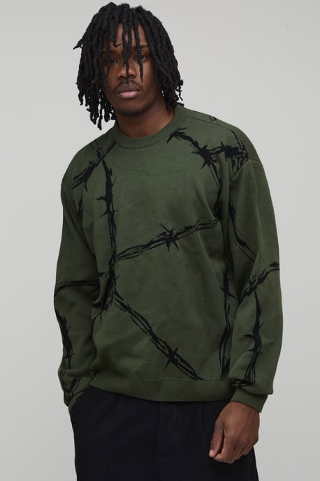 Tall Oversized Boxy Barbed Wire Jacquard Knitted Jumper - Image 1