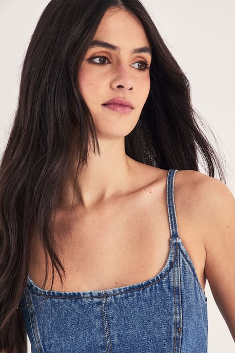Longline Denim Fitted Cami Top - Image 3